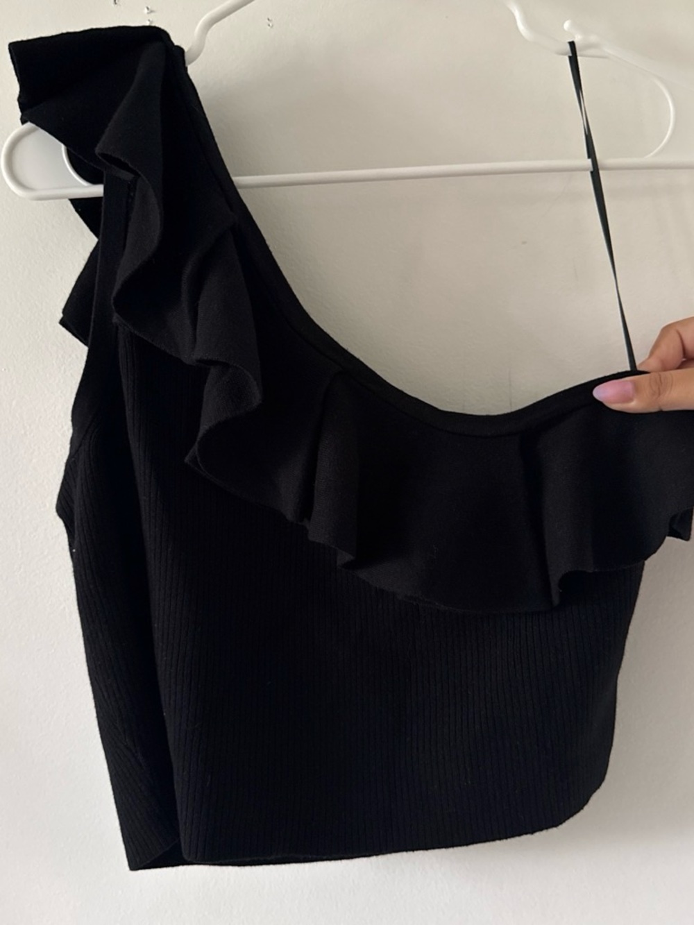 Express Black One-Shoulder Ruffle Crop Top